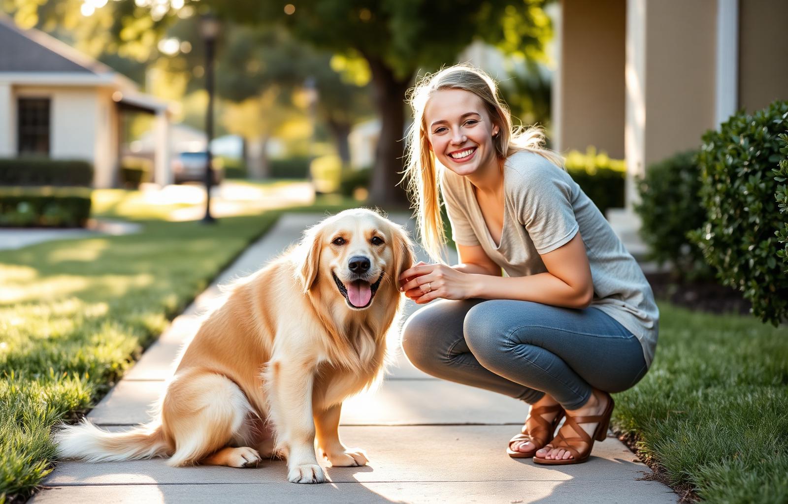 A smiling sitter petting a happy golden retriever on a Katy sidewalk